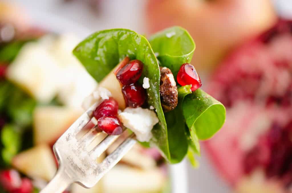 spinach pomegranate and apple salad on fork
