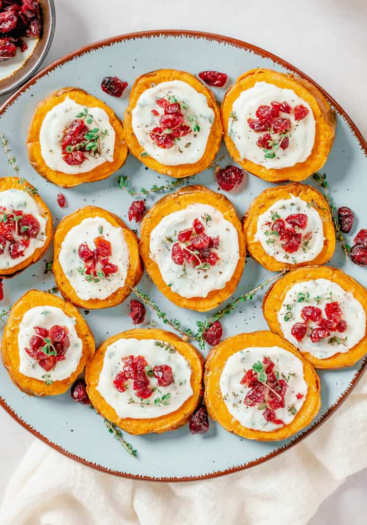 blue plate of sweet potato goat cheese bites