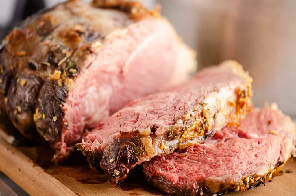 garlic butter prime rib on cutting board