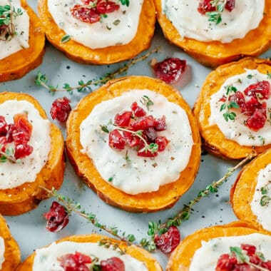 goat cheese sweet potato bites garnished with thyme