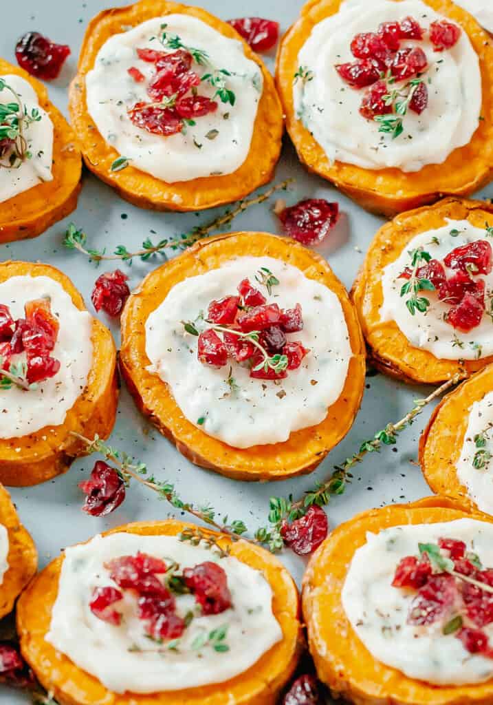 goat cheese sweet potato bites garnished with thyme
