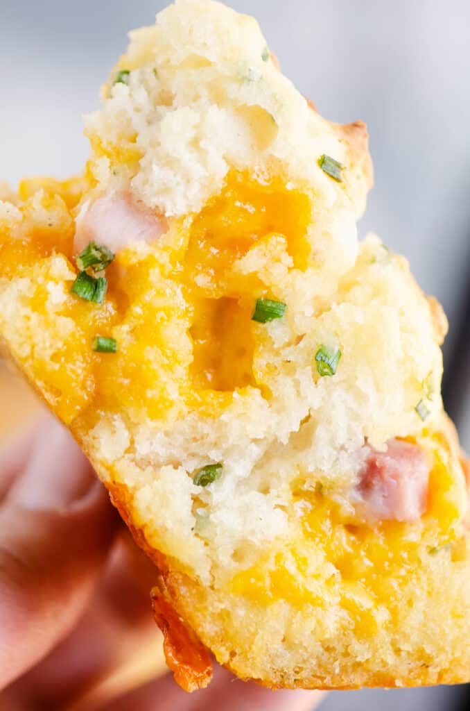 inside of ham and cheese butter swim biscuit with pocket of cheddar cheese