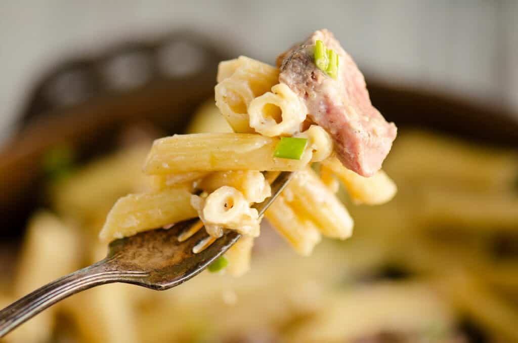 leftover prime rib and penne pasta bite on fork