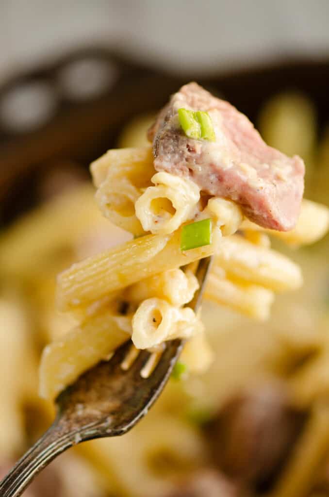 leftover prime rib and penne pasta on fork