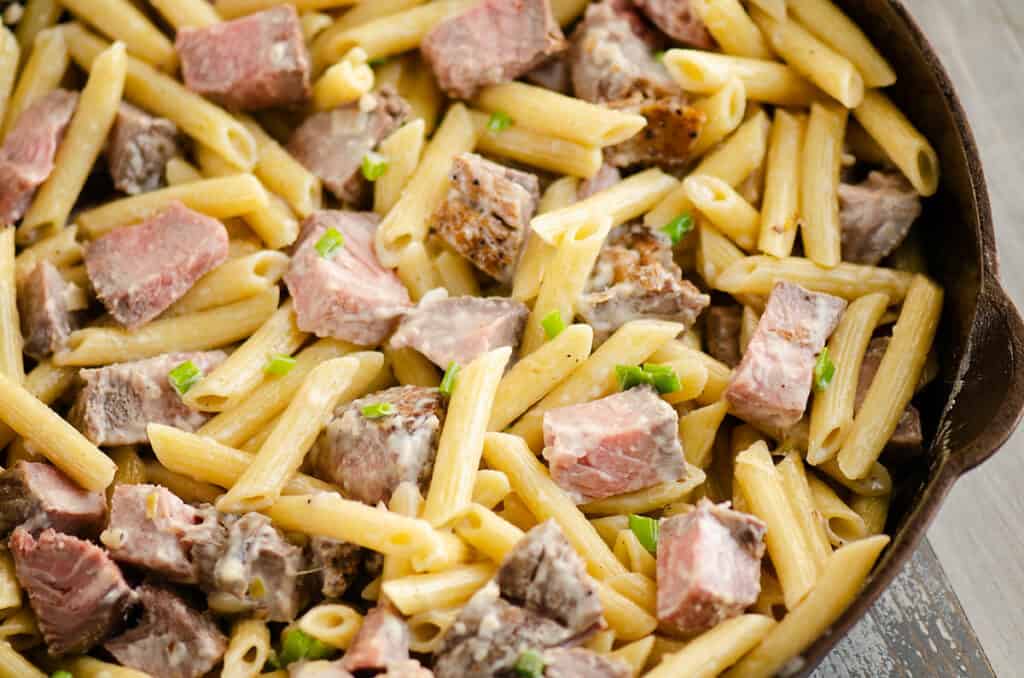leftover prime rib and penne pasta with green onions