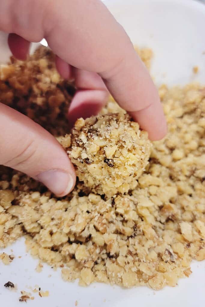 thumbprint cookie rolled in walnuts