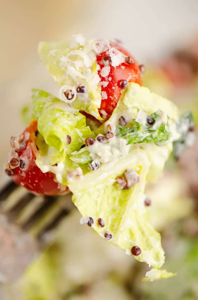 vegetable caesar chopped salad on fork