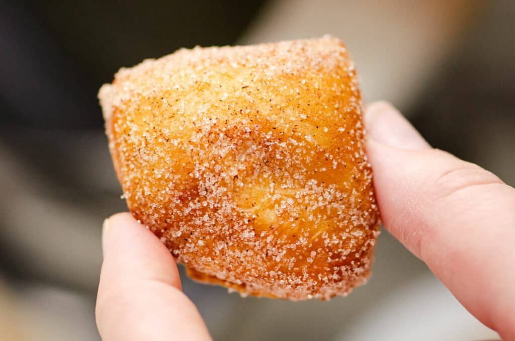 cinnamon sugar biscuit donut hole held in hand