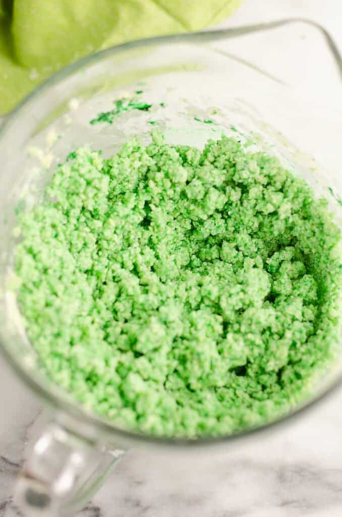 green cake mix in bowl