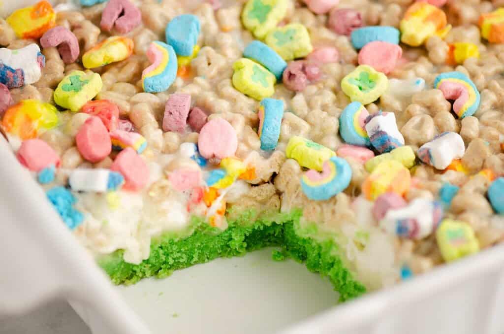 lucky charms cake bars piece cut out of pan