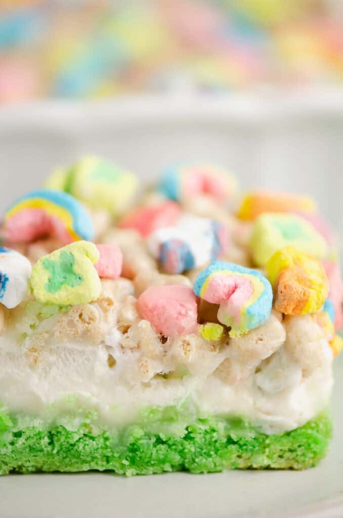 lucky charms green cake and marshmallow cereal bars on plate