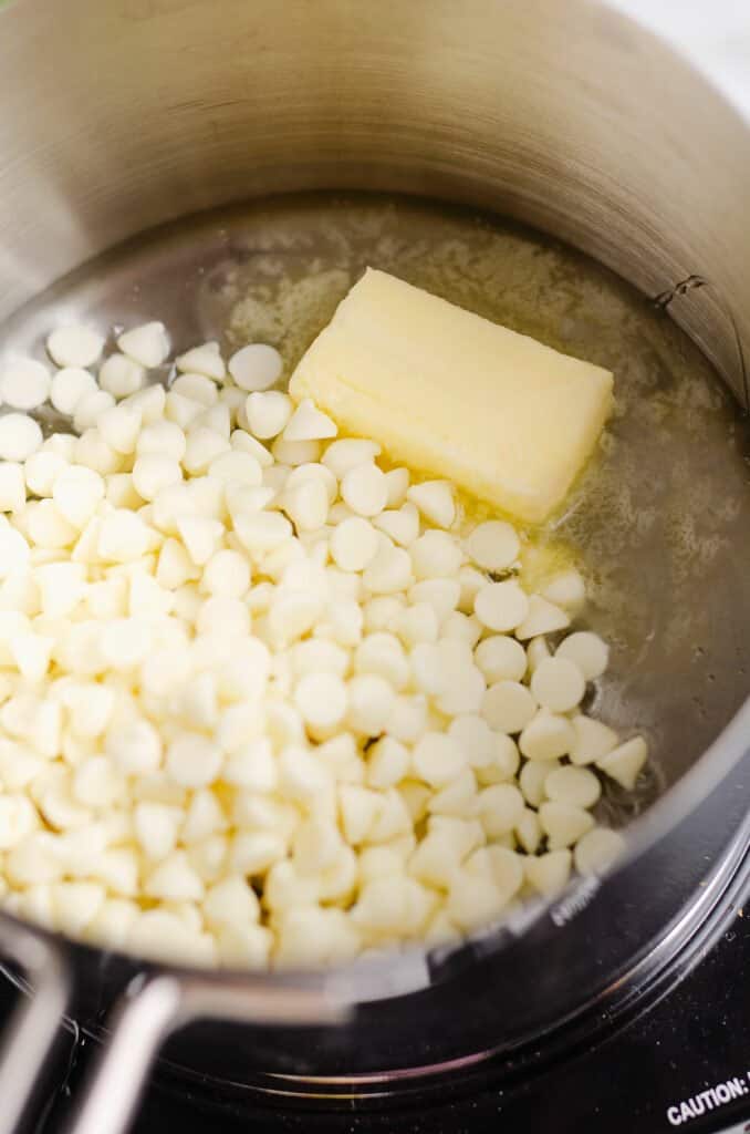 white chocolate corn syrup mixture in pan