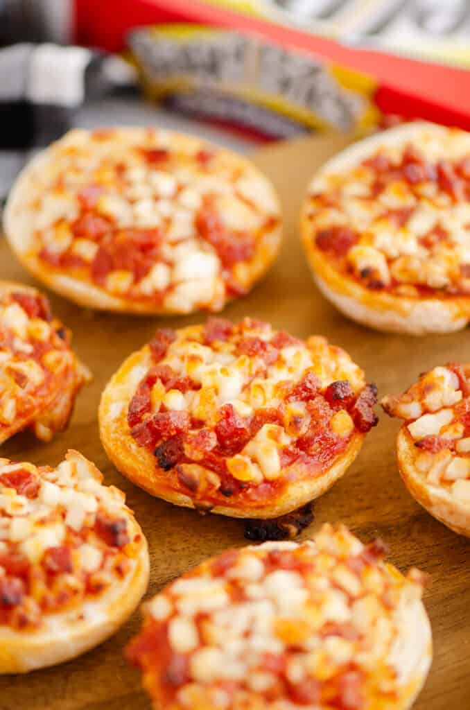 pepperoni bagel bites on cutting board