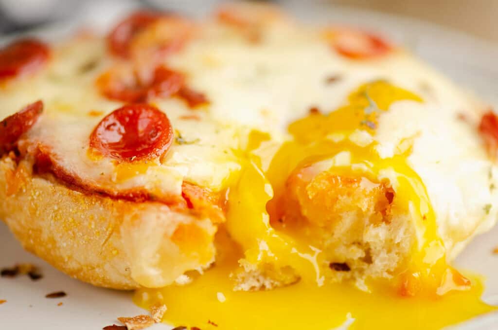 egg yolk running out of english muffin breakfast pizza