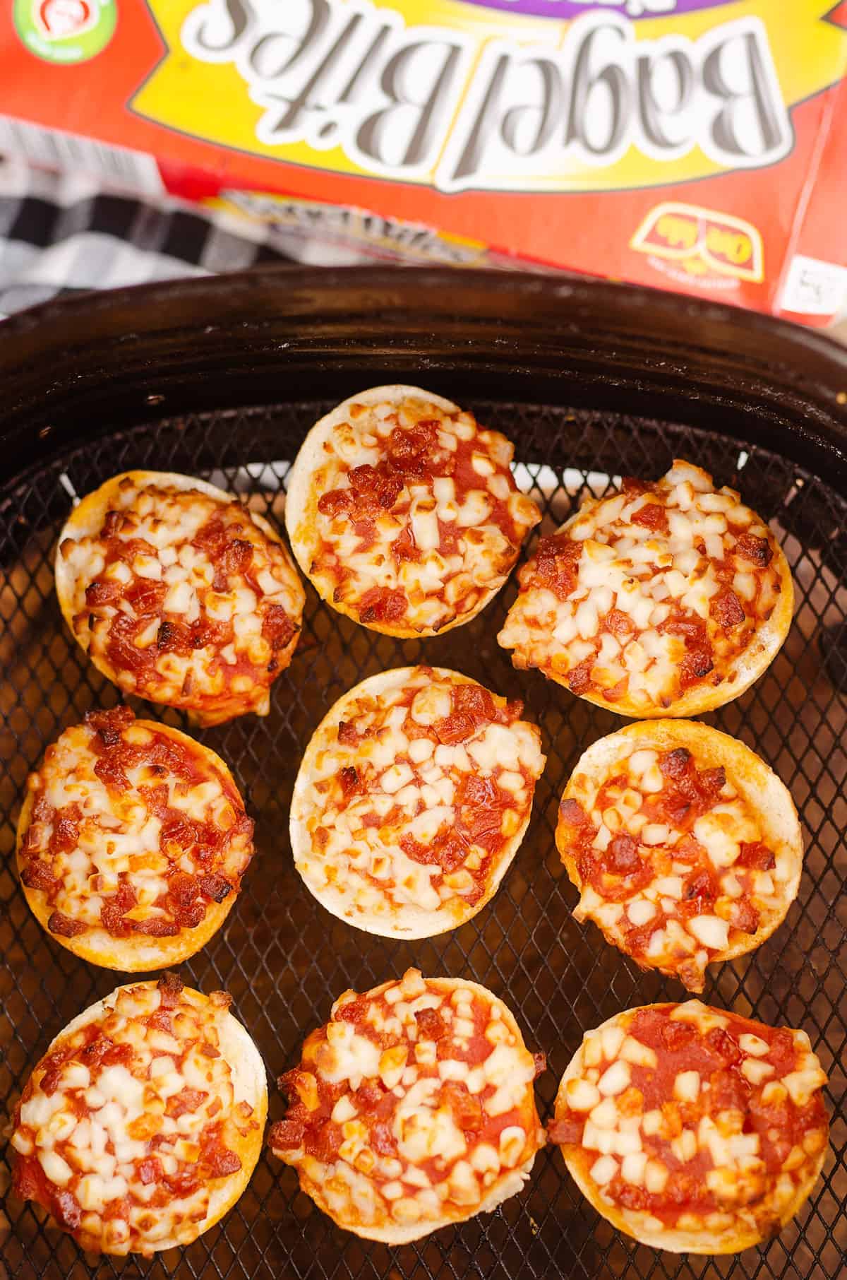 bagel bites in Air Fryer basket with box