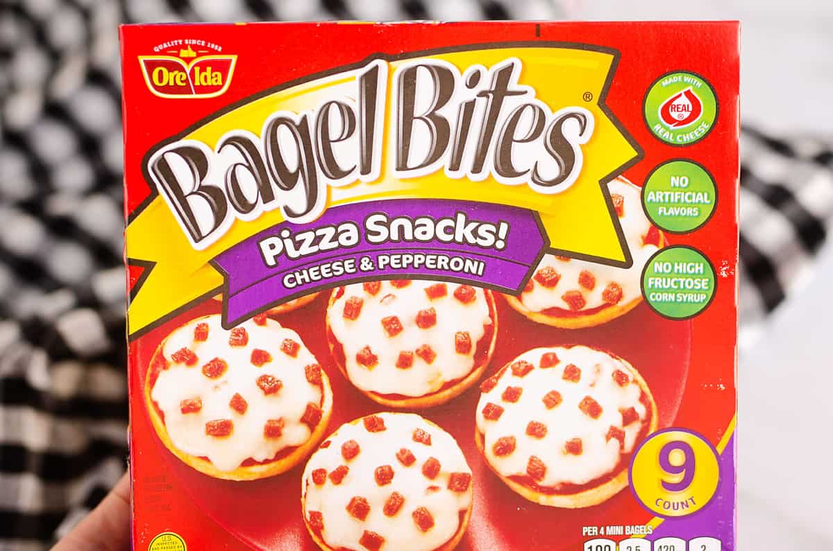 Pepperoni Bagel Bites pizza snacks box on table with cloth napkin