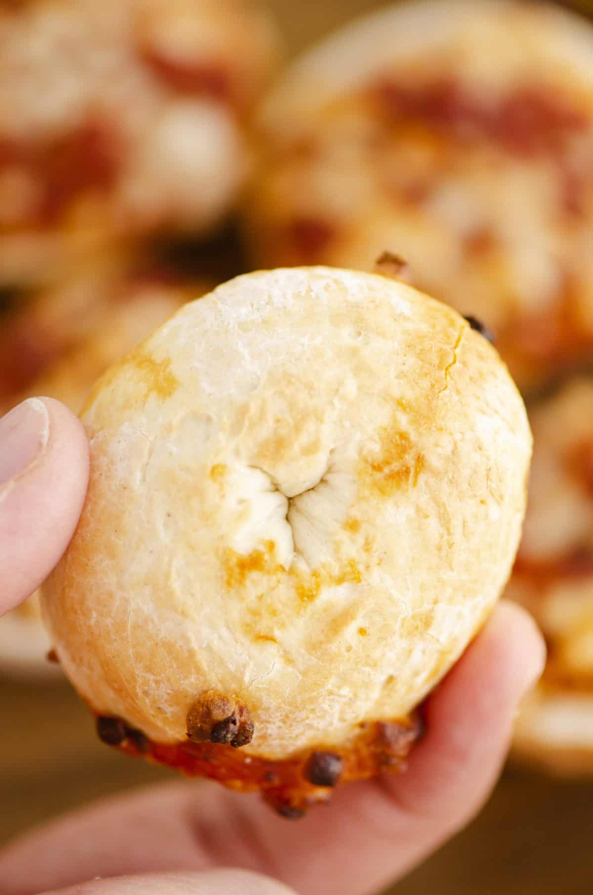 bottom of crispy bagel bite cooked in Air Fryer