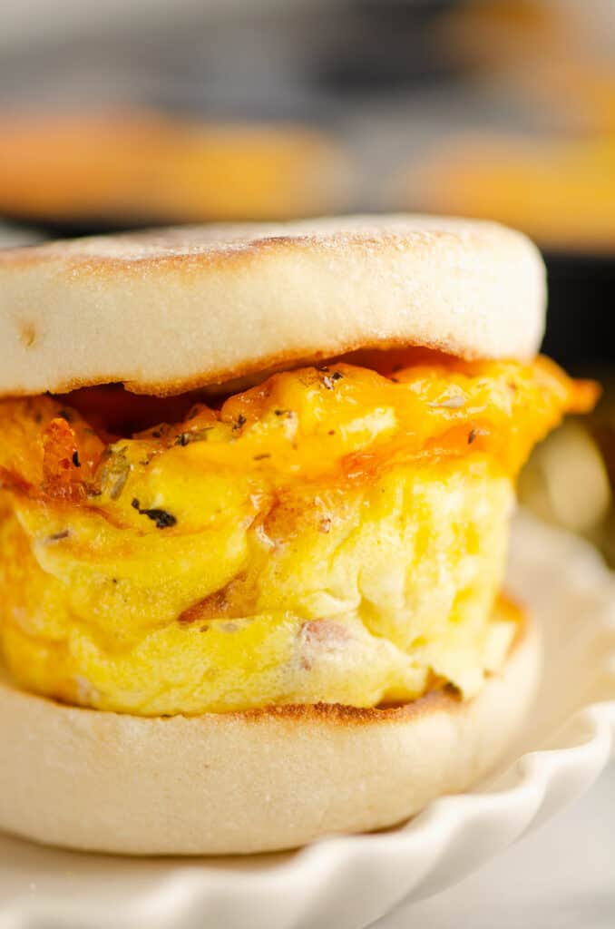 ham and cheese egg cup sandwiched in English muffin