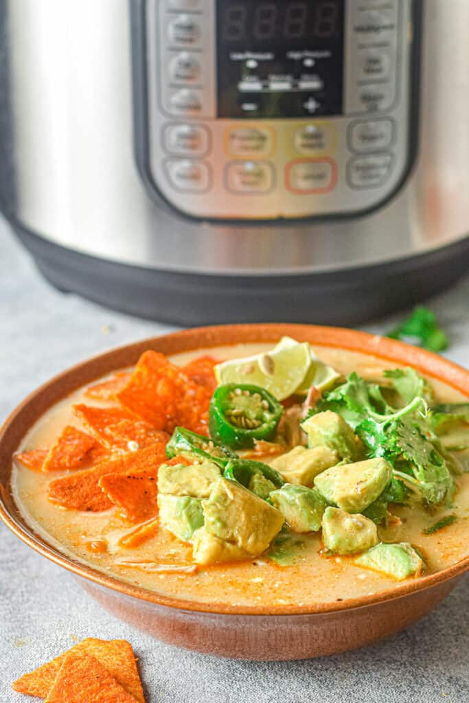 chicken jalapeno corn soup in bowl by Instant Pot