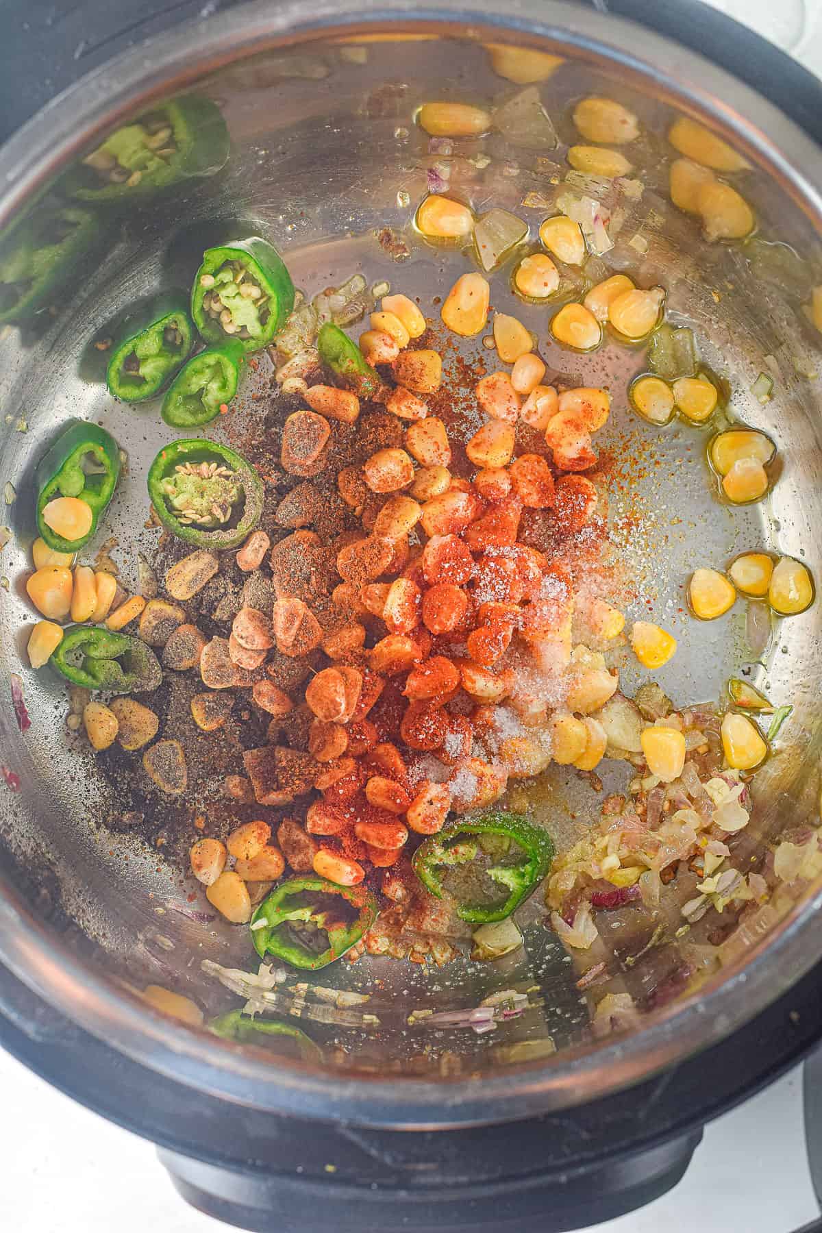 jalapenos and corn sauteed with spices in instant pot
