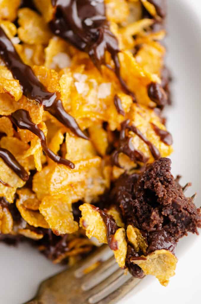 bite of cornflake brownie on fork