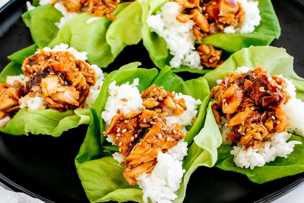 leftover salmon, teriyaki and rice lettuce cups on plate