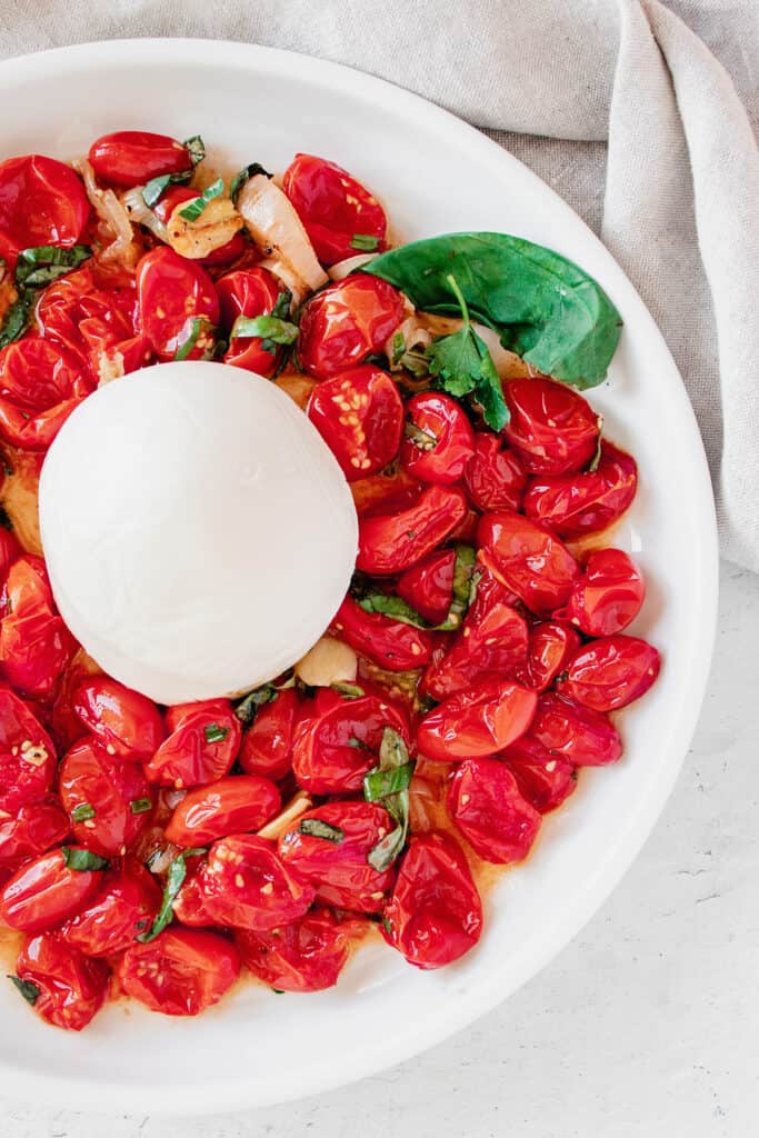 roasted tomatoes and mozzarella with herbs on white plate