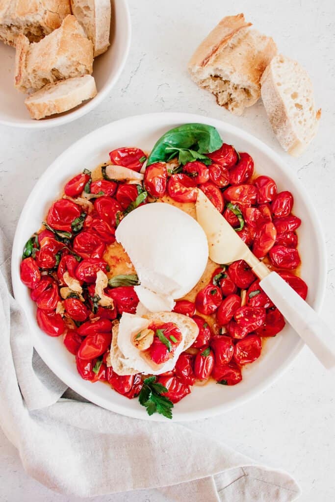 roasted tomatoes and mozzarella on white plate