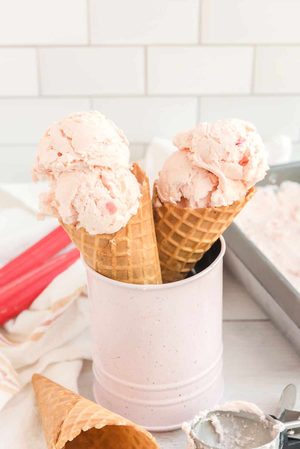 waffle cones in cup filled with no churn rhubarb ice cream