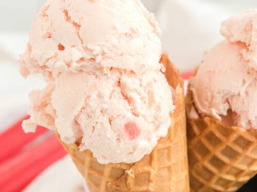 waffle cones filled with rhubarb ice cream