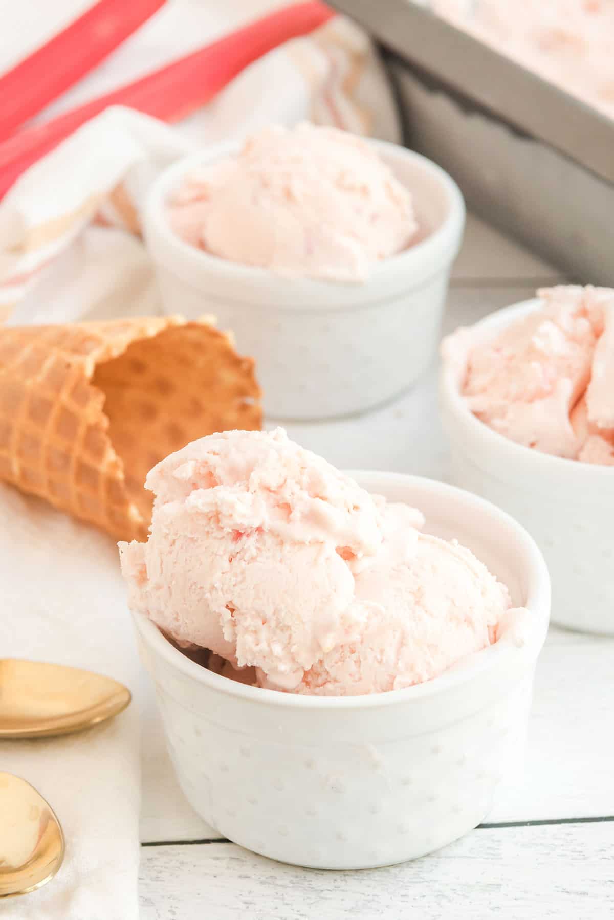 rhubarb ice cream in small white ramakins