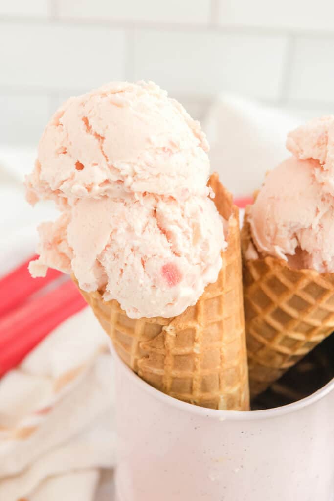 waffle cones filled with rhubarb ice cream