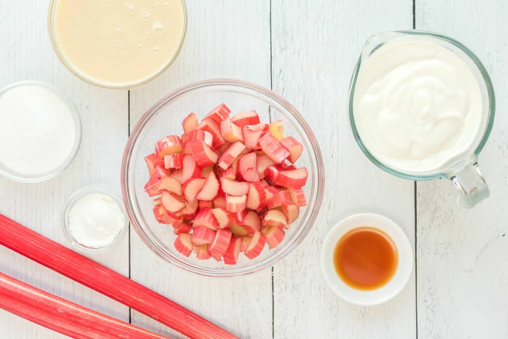 rhubarb ice cream ingredients on white table