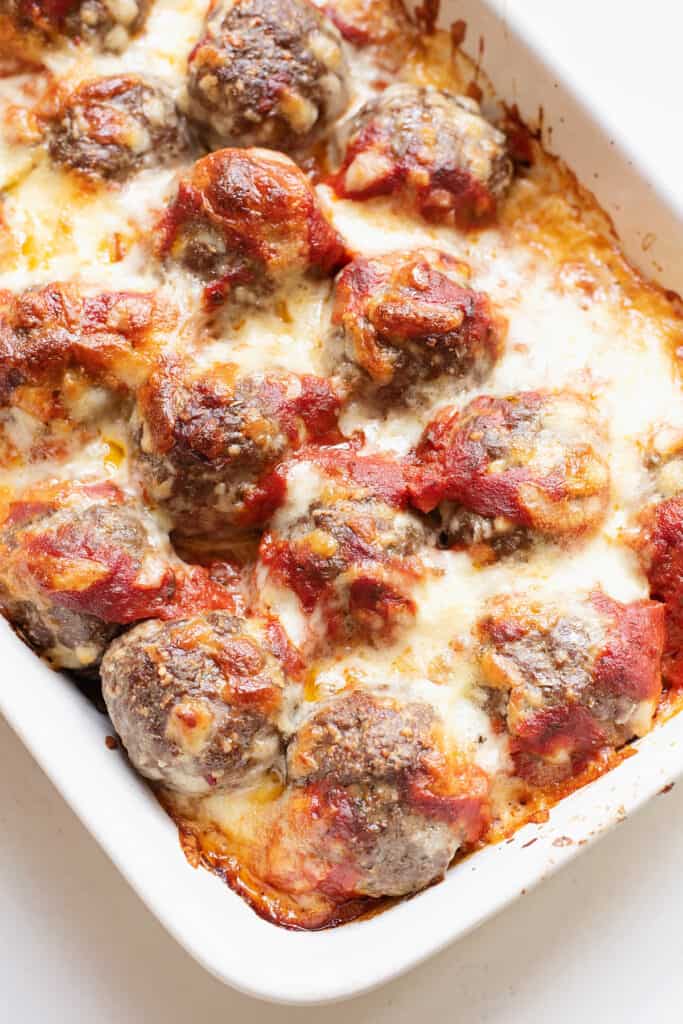 cheesy meatball sub casserole in baking dish