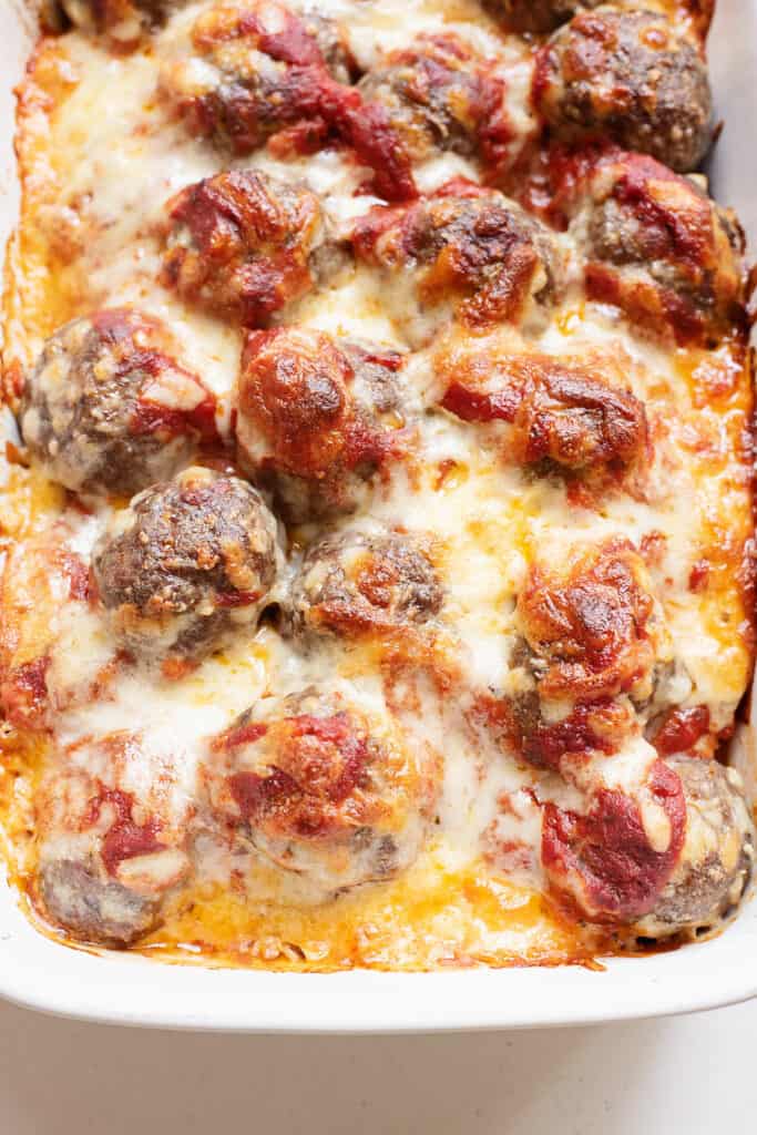 cheesy meatball sub casserole in baking dish