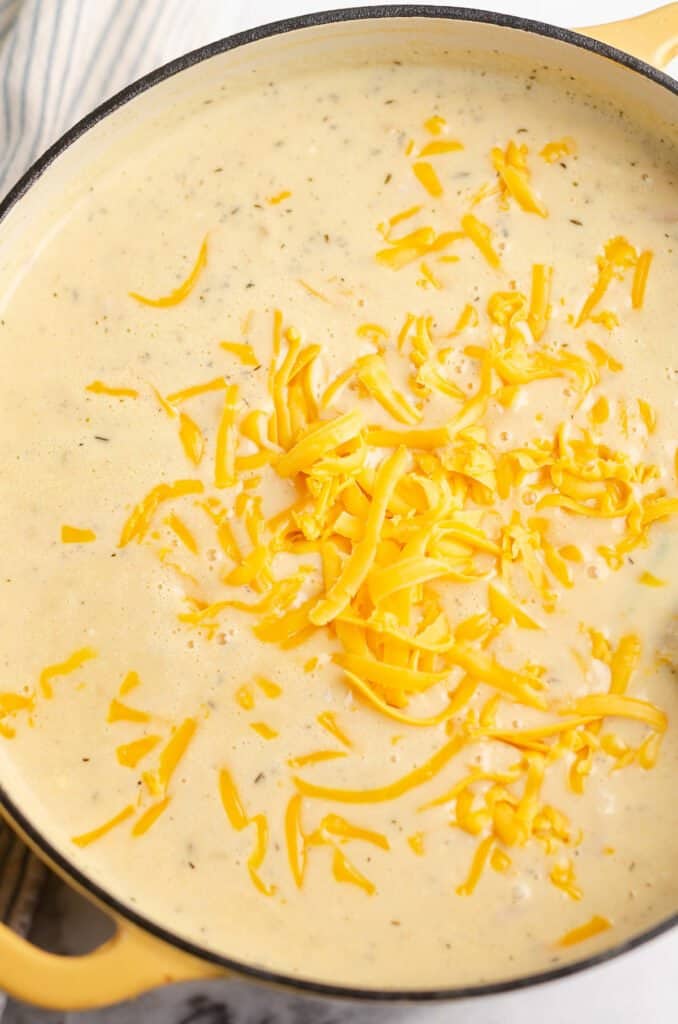creamy soup on pot topped with cheddar