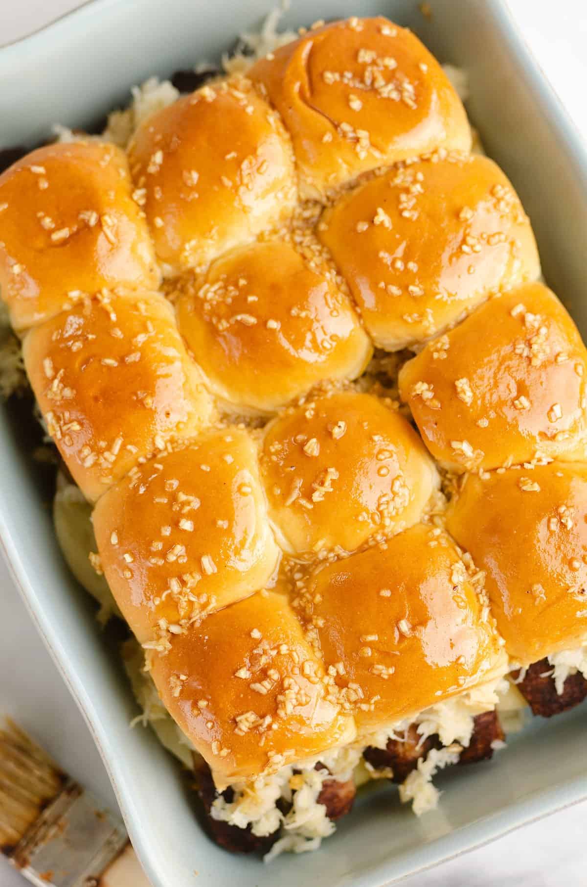 sauerkraut brat sliders in blue pan