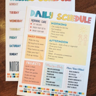 kids daily routine and weekly schedule printed on cardstock
