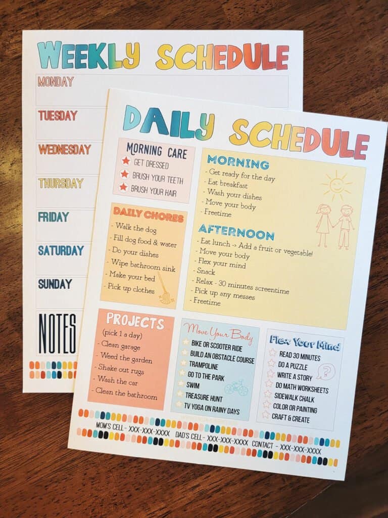 kids daily routine and weekly schedule printed on cardstock