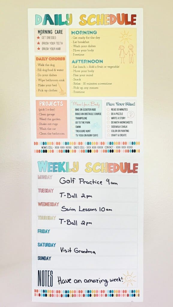 kids daily routine and weekly schedule posted on wall