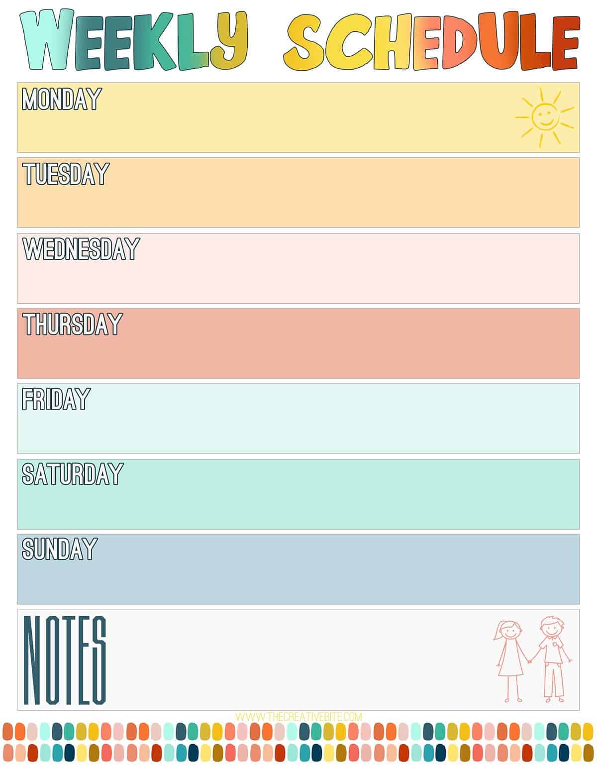 colorful rainbow weekly schedule graphic
