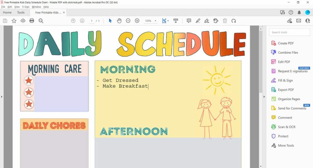 kids fillable PDF schedule being edited in Adobe