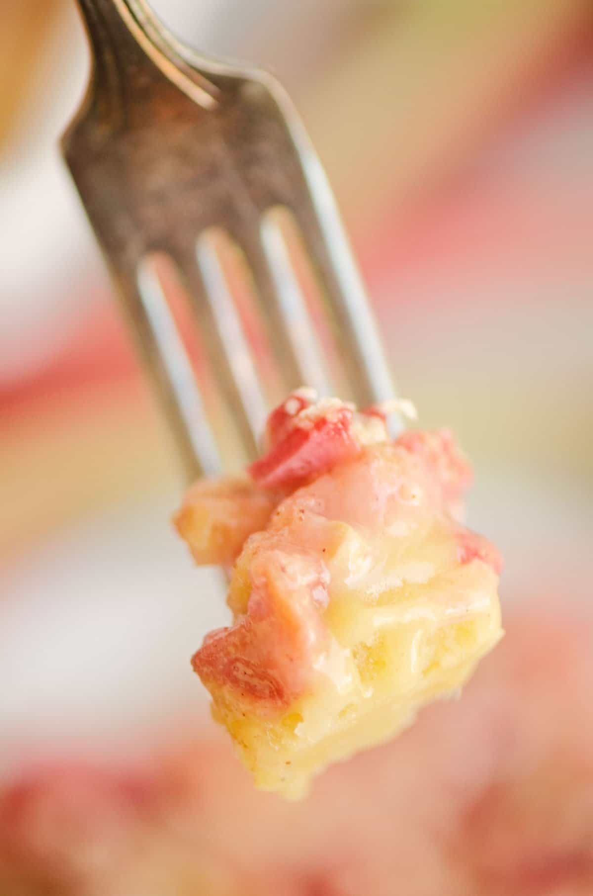 bite of rhubarb bar on fork