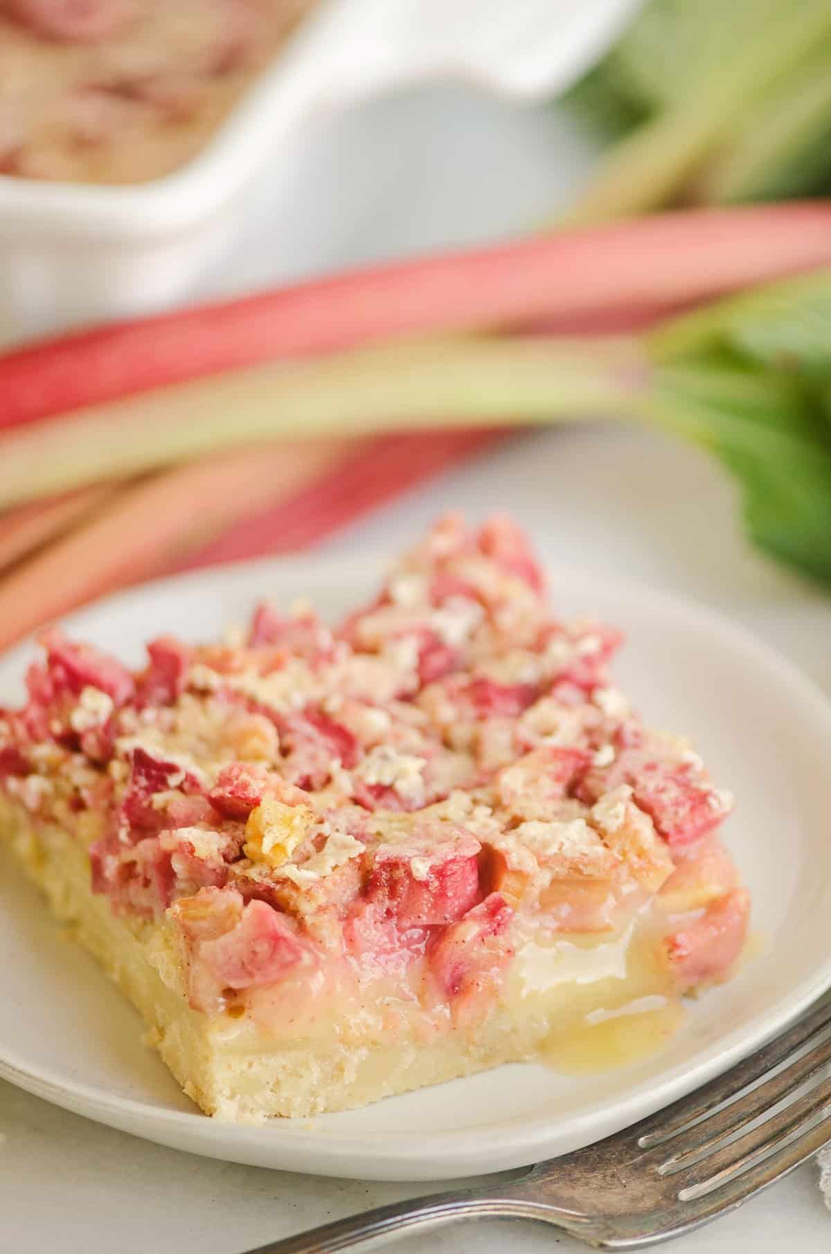 plated rhubarb dream bar on table with rhubarb stalks