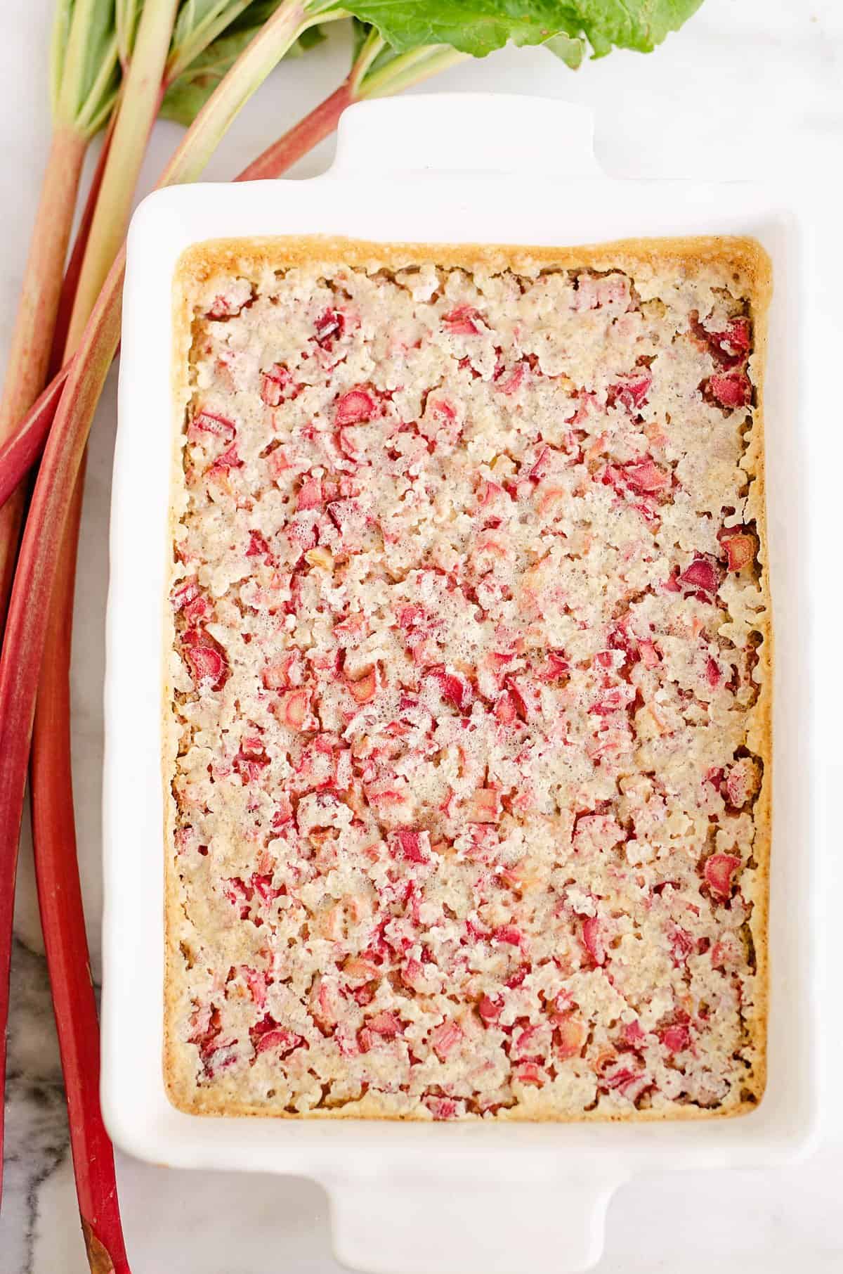 rhubarb dream bars in pan on table