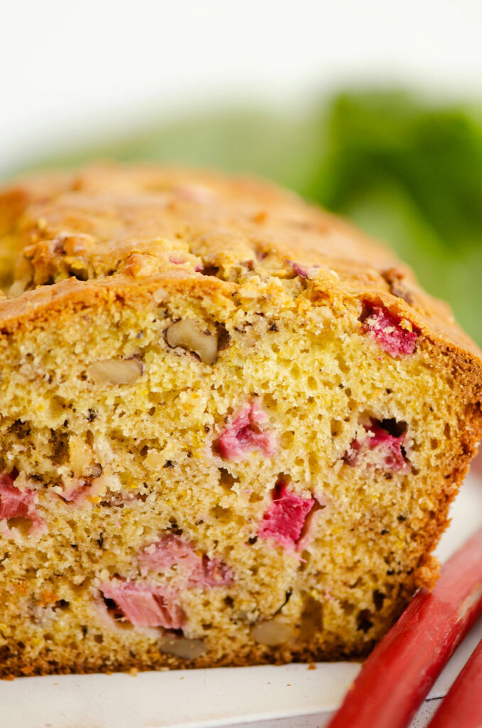 rhubarb walnut orange bread sliced with rhubarb stalk