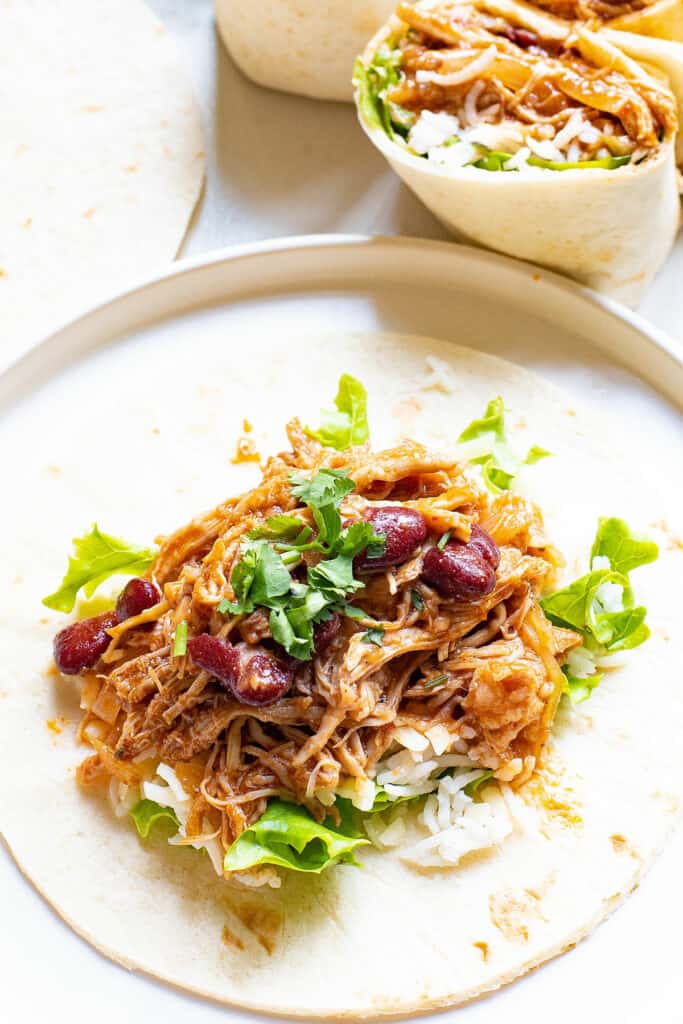 pulled pork, veggies and rice on tortilla