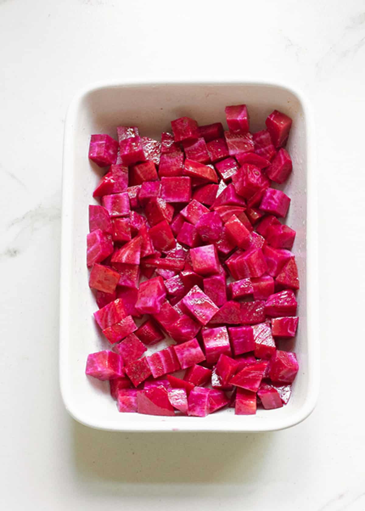 beets in pan for roasting