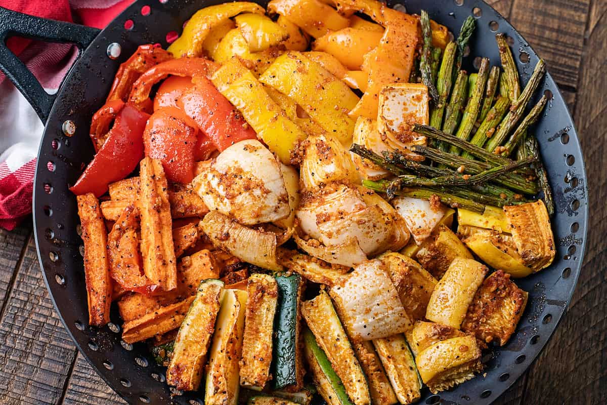 smoked vegetables in grill basket