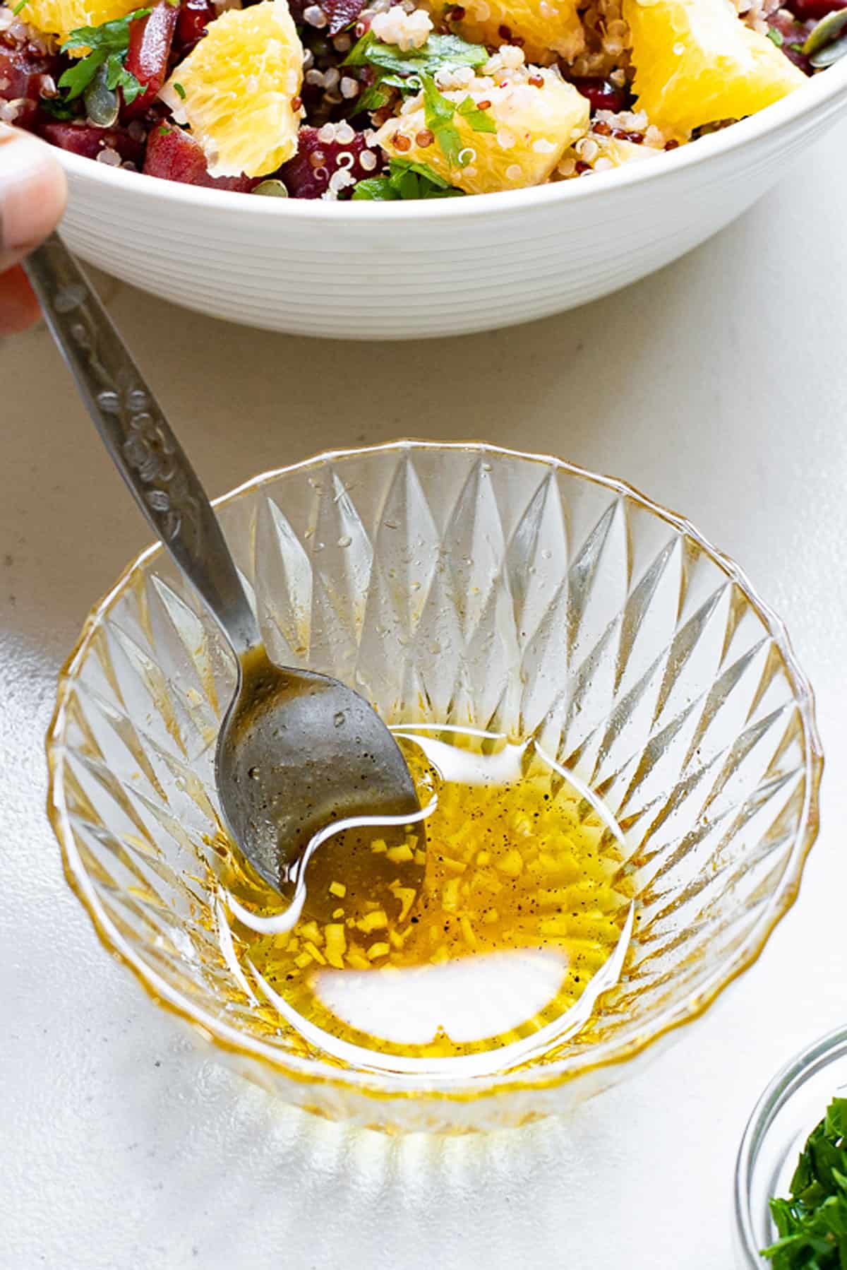 homemade honey vinaigrette in glass bowl
